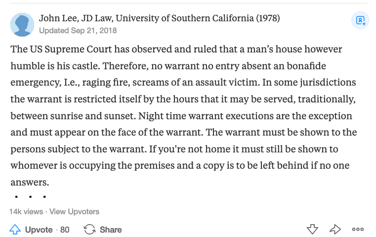 The US Supreme Court has observed and ruled that a man’s house however humble is his castle. Therefore, no warrant no entry absent an bonafide emergency, I.e., raging fire, screams of an assault victim. In some jurisdictions the warrant is restricted itself by the hours that it may be served, traditionally, between sunrise and sunset. Night time warrant executions are the exception and must appear on the face of the warrant. The warrant must be shown to the persons subject to the warrant. If you're not home it must still be shown to whomever is occupying the premises and a copy is to be left behind if no one answers.
