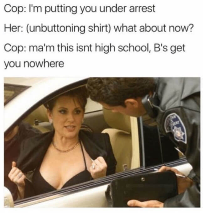 Category: Cop Meme Look, I'm sad for this lady. She has to rethink her whole "get out of ticket" approach. However, good for the cop for not falling for bribery... At least not small bribes.