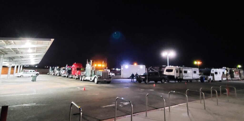 The People's Convoy US trucker convoy, trucker rally US prepares to leave Adelanto California 